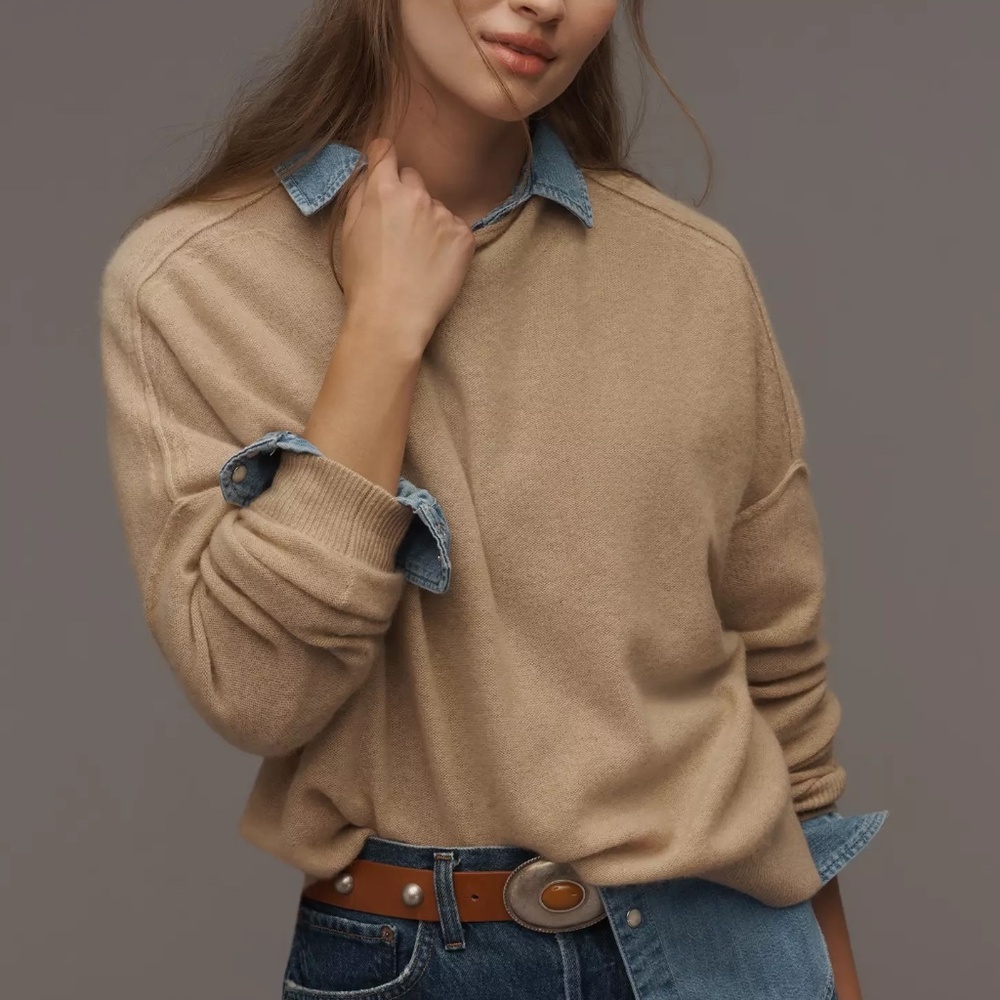 Anthropologie The Alani Cashmere Mock-Neck Sweater by Pilcro Sand Dollar Tan NWT